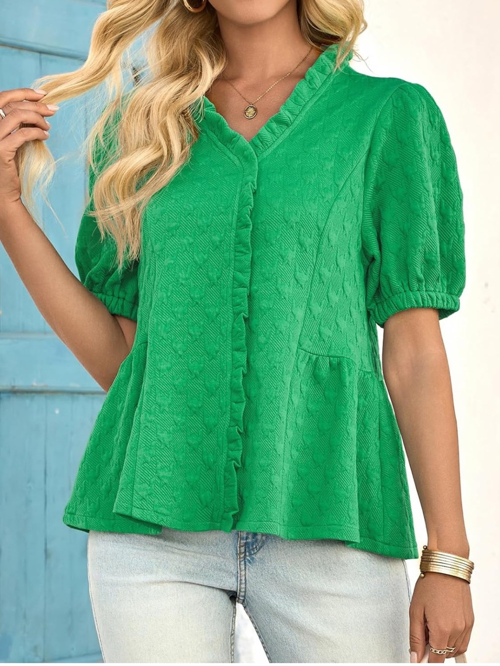 NWT Peplum Puff Sleeve Tops Dressy Casual Textured Blouses V Neck Ruffle Medium - Picture 2 of 10